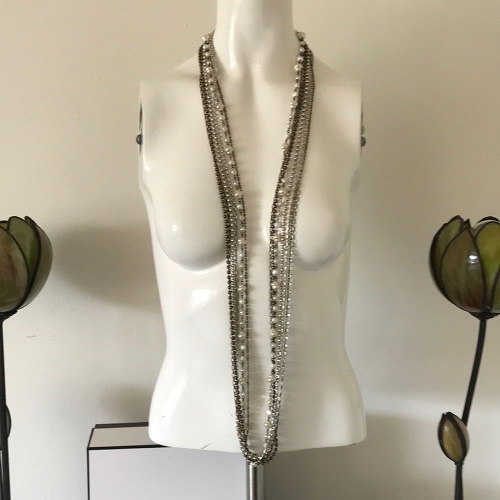 MULTISTRAND Pearl Gold Silver Long Necklace